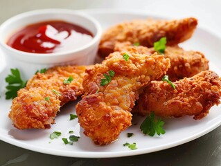 Delicious chicken pieces served with dipping sauce on a plate