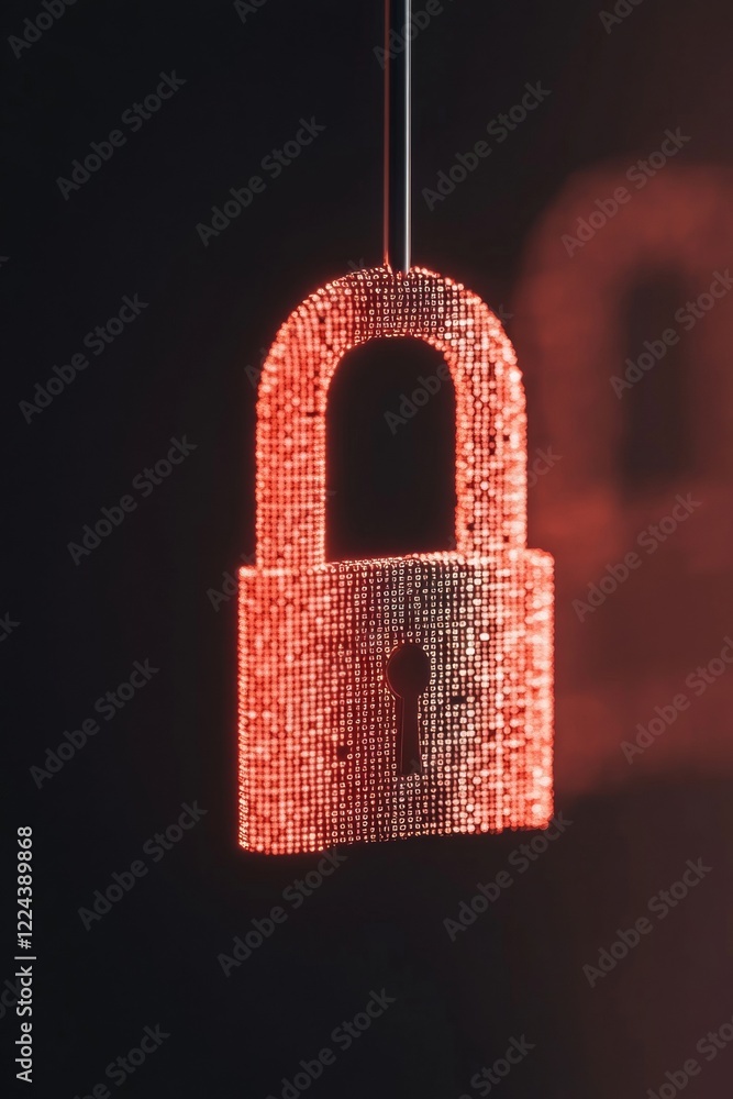 Leinwandbilder digital security aesthetic neon padlock with matrix code in minimalist dark room - network protectio
