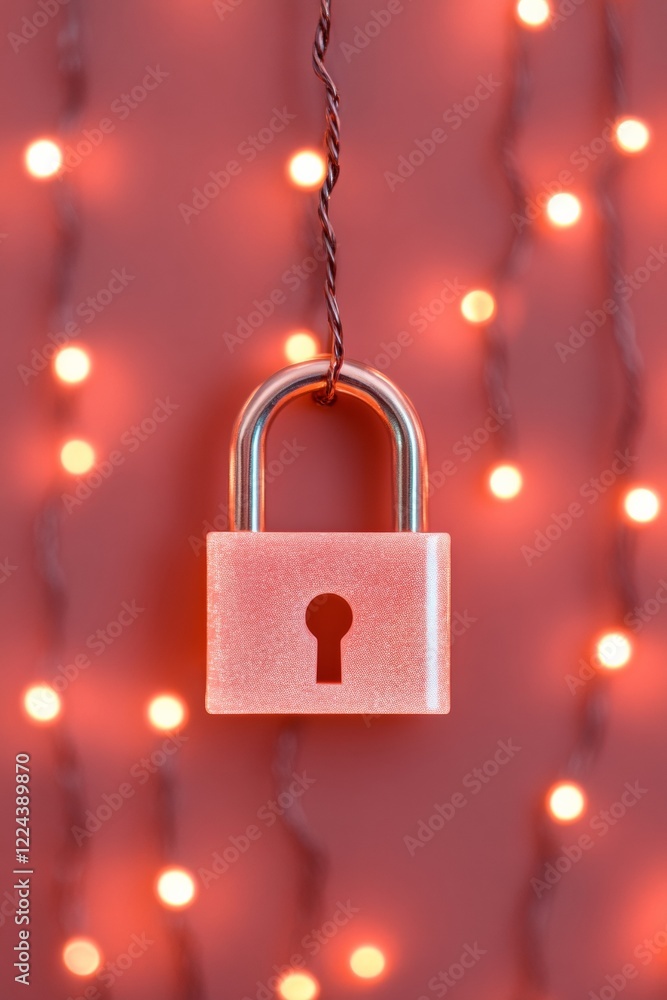 Poster futuristic it security visual metallic padlock with soft glow led lights on industrial texture - dig
