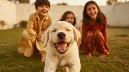 Joyful Pet Adoption Warm Family Experience with Labrador Puppy on Lush Lawn - Emotional Lifestyle Content and Outdoor Recreation Marketing for Family Engagement