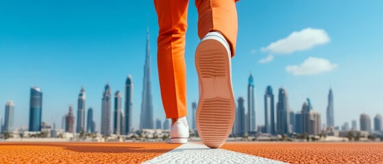Dynamic Corporate Aspiration Professional in Bold Orange Suit Striding Toward Urban Skyline - Motivational Content for Modern Business Success and Leadership Strategies