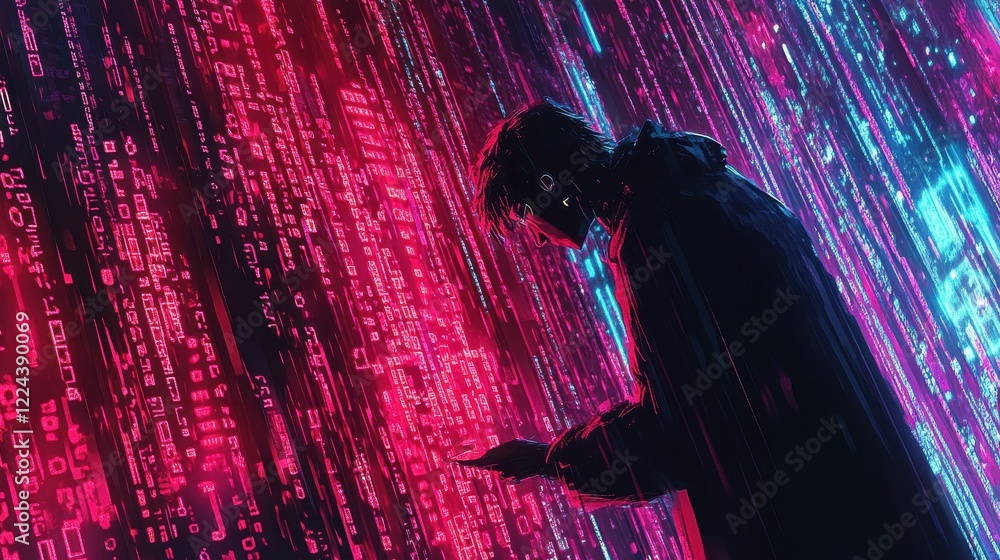 Poster digital cyberpunk figure interacting with glowing data streams