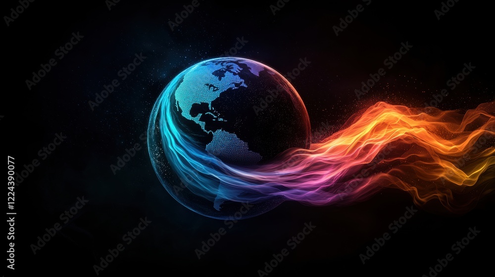 Aufkleber global network rotating globe with colorful data streams flowing between continents, dark background