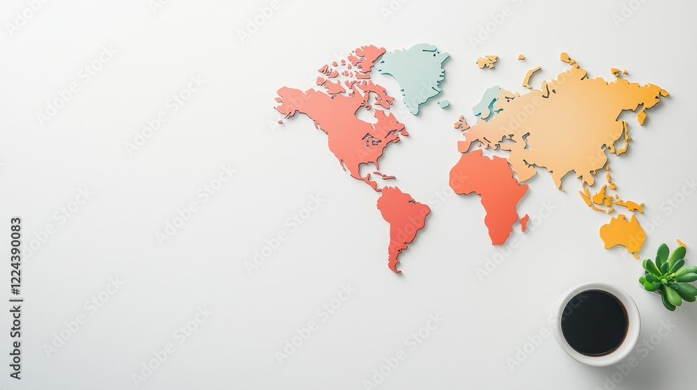 Poster global network flat world map with colorful lines and dots, white background, minimalist visualizati