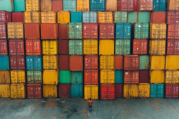 Fototapeta premium Worker Observing Stacked Colorful Shipping Containers