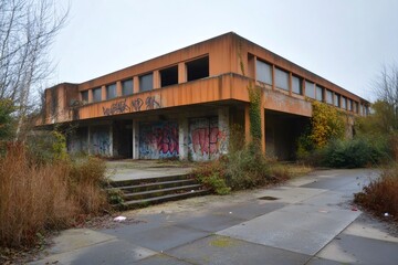 Obraz premium Abandoned Building with Graffiti and Overgrown Vegetation