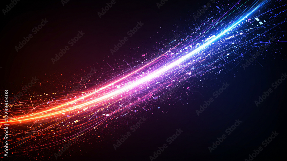 Poster conceptual illustration of an abstract digital landscape featuring computer data and communication t