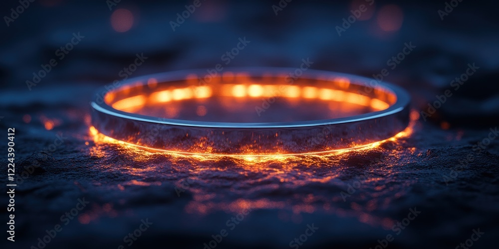 Poster sleek metallic ring floating in dark space with ethereal glow and holographic effect