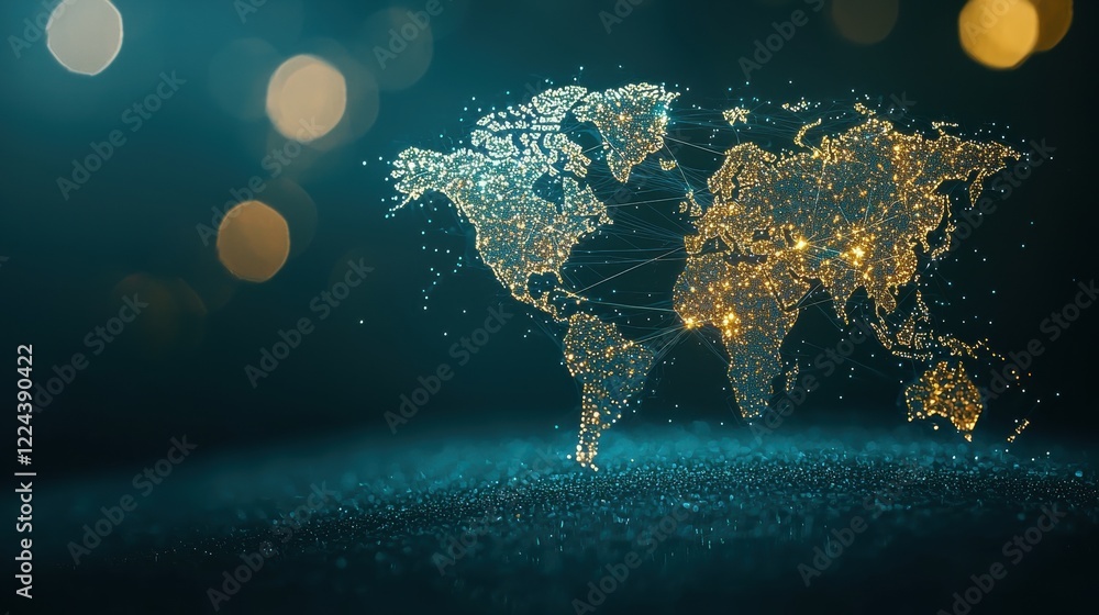 Poster global network world map with dynamic light trails connecting countries, dark background, representi