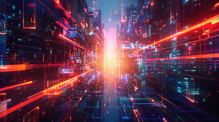 Obraz premium Abstract digital art featuring a futuristic, neon-lit cityscape with glowing lines and geometric shapes