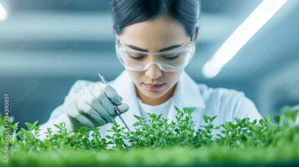 Poster tech-forward vertical farming led-lit lettuce rows and digital monitoring by asian woman in lab coat