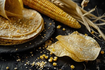 Fresh corn cobs and tortillas arranged artistically on dark surface