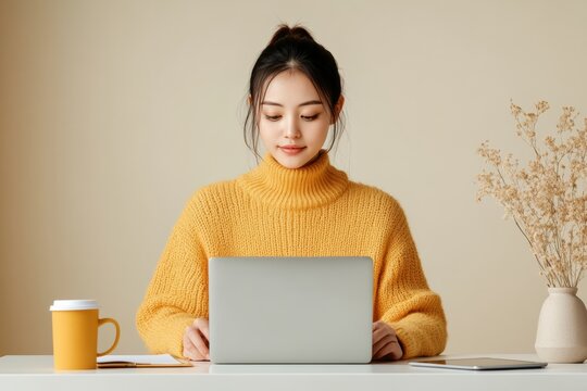 Minimalist Home Workspace Asian Woman in Cozy Knit Engaging in Remote Learning with Laptop and Coffee - EdTech and Modern Workspace Solutions for Millennials