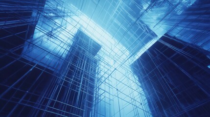 Abstract architectural rendering in blue, a complex geometric grid of overlapping lines
