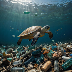 Obraz premium A sea filled with plastic bottles and trash, with a single turtle swimming through the debris.