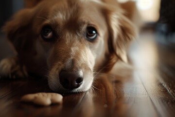 Dog eagerly waiting for a treat in bright indoor light