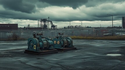 Fototapeta premium Industrial generators placed outdoors against a cloudy, dramatic sky.