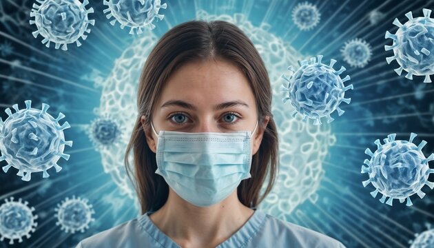 Healthcare professional wearing mask with virus graphic overlay, representing fight against infection, medical concept, copy space
- Powered by Adobe