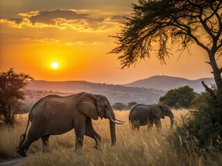 Fototapeta premium African Elephants at Sunset, Pilanesberg National Park Safari