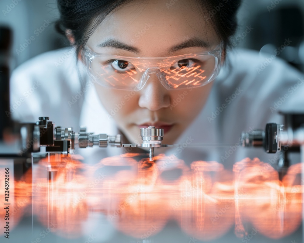 Poster futuristic optics calibration asian female scientist aligns high-precision lasers on glass surface -
