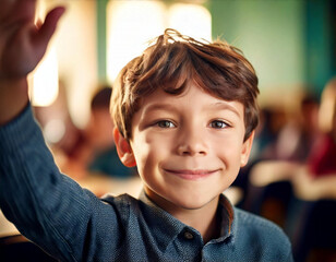 A boy is smiling and raising his hand. There are other people in the background. The boy is wearing a blue shirt