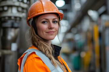 Female engineer smiling and wearing safety equipment in industrial plant