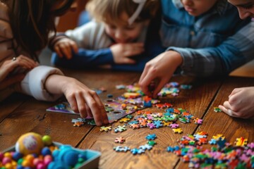 Fototapeta premium Family enjoying puzzle time with snacks and toys on the table