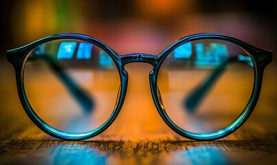 Round eyeglasses on wooden table reflecting blurred background lights, suitable for vision or eyewear themes