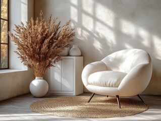 Minimalist white interior with sleek cabinet armchair wood floor decor lighting