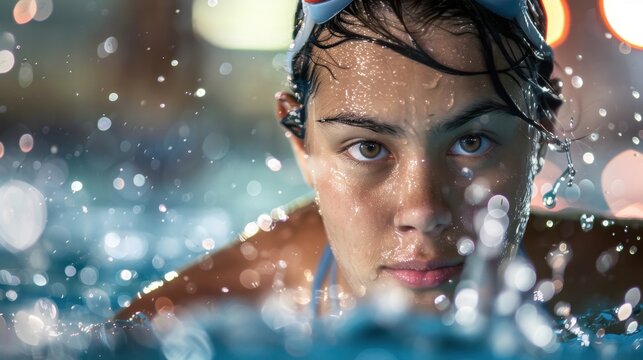 Determined Female Swimmer Captured in Action with Water Splashes