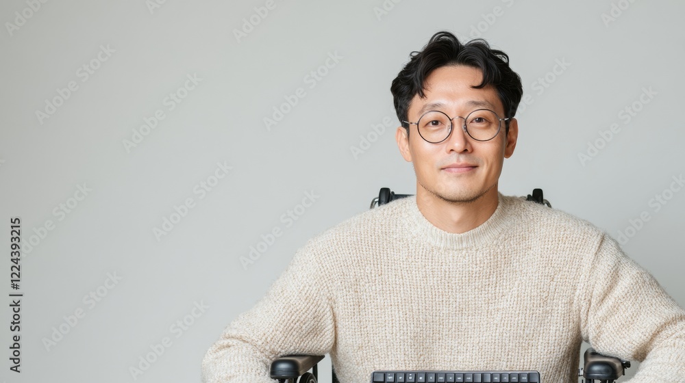Poster modern ergonomic workspace korean man in his 30s at wheelchair-accessible desk with adaptive equipme