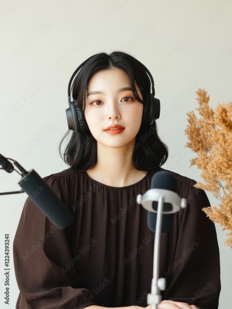 Aufkleber modern ergonomic workspace korean woman using voice command tech in sleek office with minimalist dec
