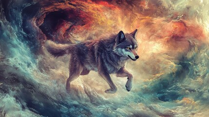 Fototapeta premium Majestic Wolf Leaping Through Colorful Abstract Clouds