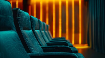 Obraz premium Empty movie theater interior with blue seats and dim lighting for an unforgettable experience