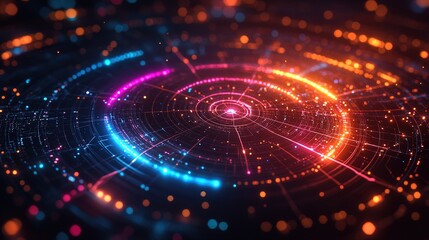Fototapeta premium Glowing radar chart with circular data points and bright, connected lines on dark grid