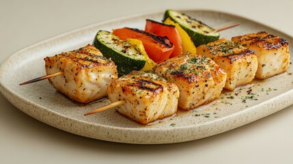 Grilled fish skewers with fresh vegetables on a white plate