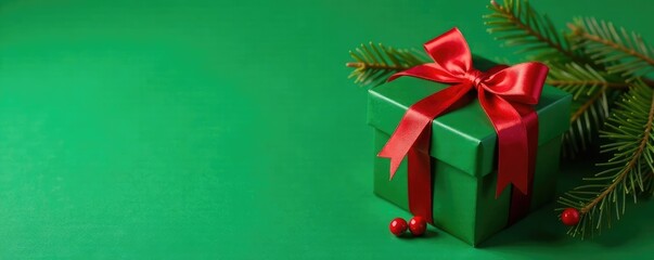 Fototapeta premium Gift box with fir branches and berries on a green background, christmas, winter, green background