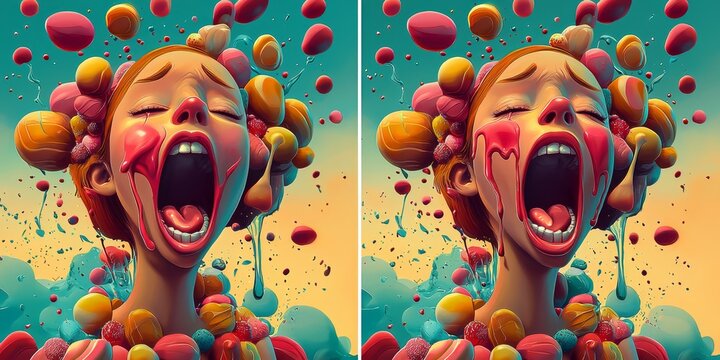 Illustration of a screaming girl in a magical candy world