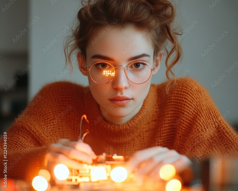 Fototapete Modern Home Innovation Young Woman in Cozy Workspace Builds Smart Lamp with Arduino - Tech DIY for Smart Home Solutions and Creative Automation Design