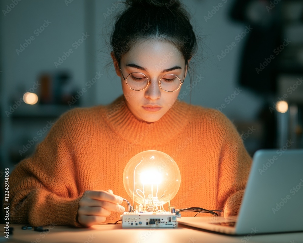 Fototapete contemporary smart home innovation young woman soldering arduino smart lamp project - tech diy and d
