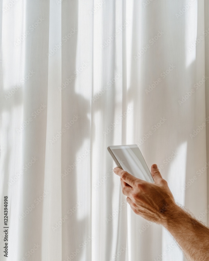 Aufkleber Modern Smart Home Automation Programming Automatic Curtains with Tablet in Sunlit Room - DIY Technology for Contemporary Living Spaces and Connected Home Solutions