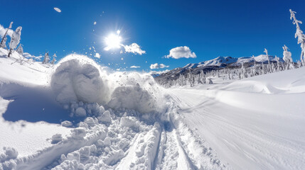 snow avalanche cascades down mountain under bright blue sky, creating stunning winter scene. sunlight glistens on snow, enhancing beauty of landscape