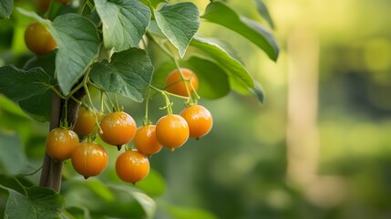 Cape gooseberry tree with a bunch of growing mature Cape gooseberry