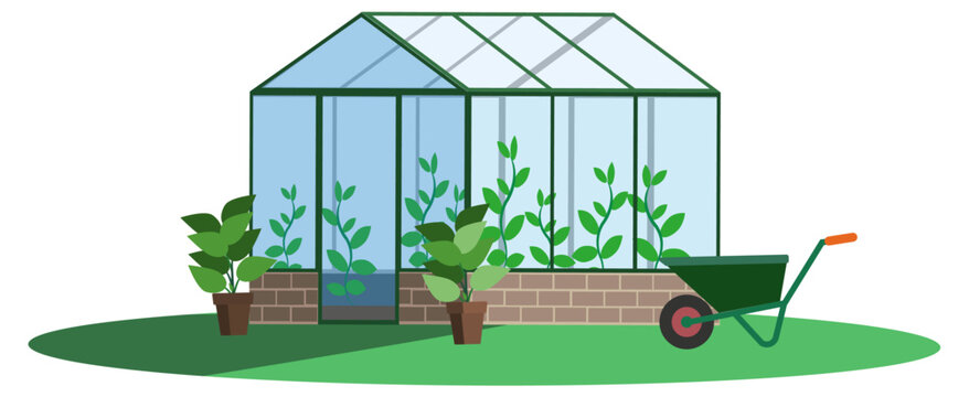 Greenhouse, wheelbarrow and potted plant. Flat design Vector Illustration