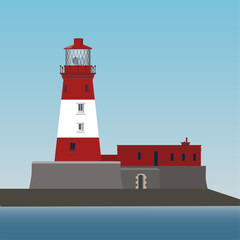 Longstone Lighthouse, originally called the Outer Farne Lighthouse. Located at Northumberlands coast in northeast England. Vector Illustration