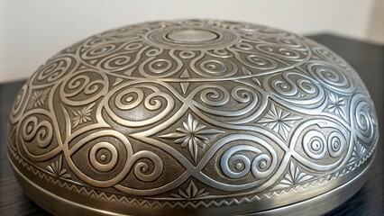 Glossy metallic surface with intricate geometric patterns and swirling shapes, contemporary aesthetic, unique design elements, glossy surface