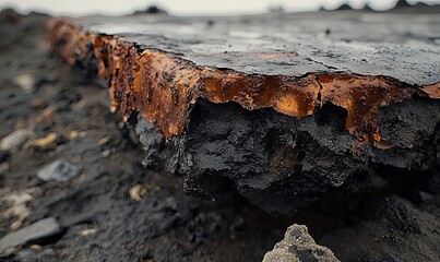 Fototapeta premium Rusty metal sheet on black sand beach, industrial waste pollution