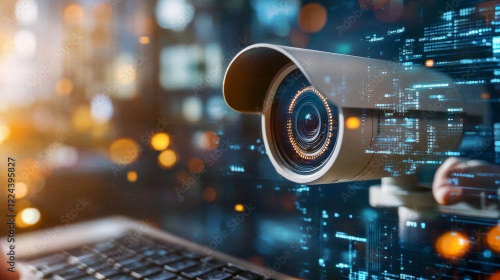 Poster high-tech security camera monitoring system with digital data overlay and laptop background