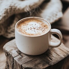 Obraz premium Steaming cappuccino in a white mug on wood.