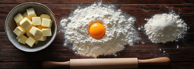 Minimalistic kitchen preparation with flour, eggs, sugar, and butter viewed from above